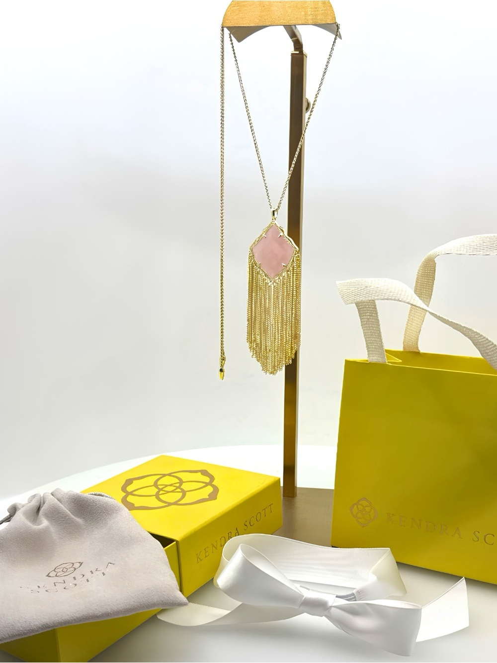 Kendra Scott Kingston Gold Long Pendant Necklace Pink Rose Quartz Gift Set - Picture 2 of 10